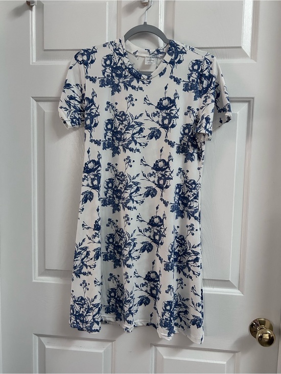Essentials Dresses & Skirts - Real Essentials White Midi Dress with Blue Floral Print